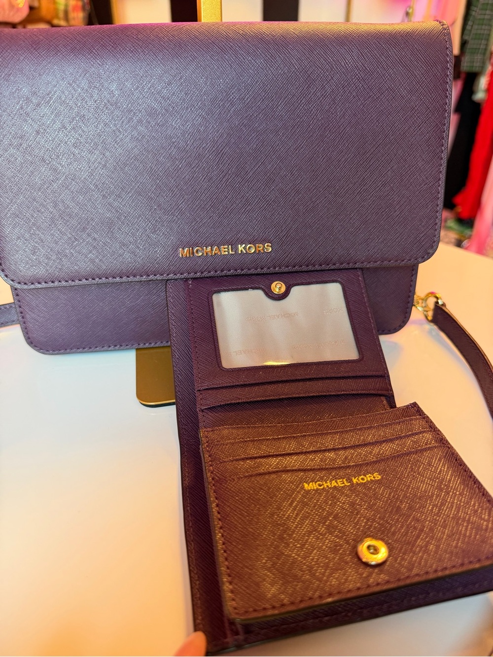 Michael Kors Plum Leather Shoulder Bag with Matching Wallet crossbody gold chain